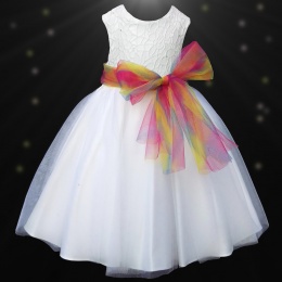 Girls White Diamante & Organza Dress with Rainbow Sash